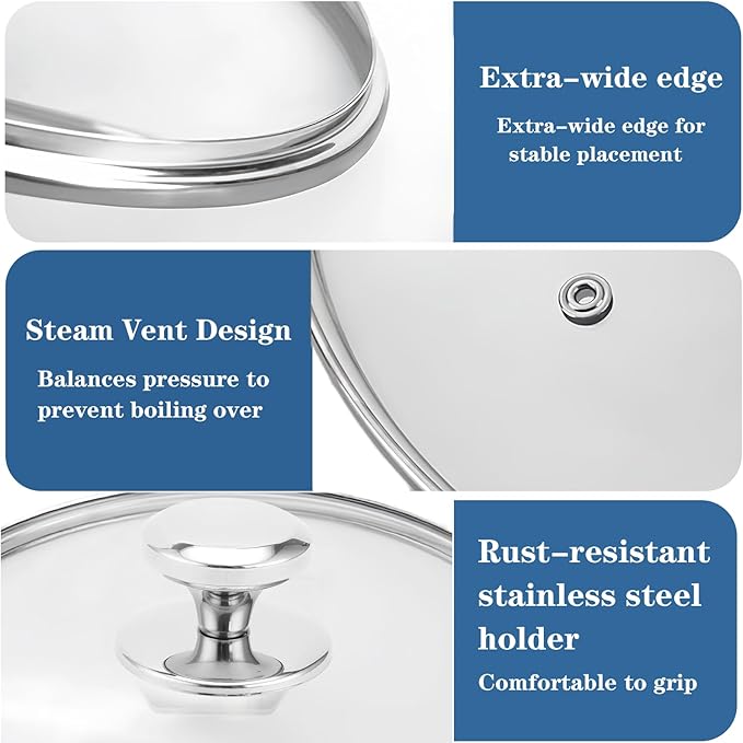 12 Inch Pan Lid for Frying Pan, Tempered Glass Lid Pot Cover, 6,8,9.5,10.5,11,12,12.5 Inch Universal Pan Lid for Pots Skillets