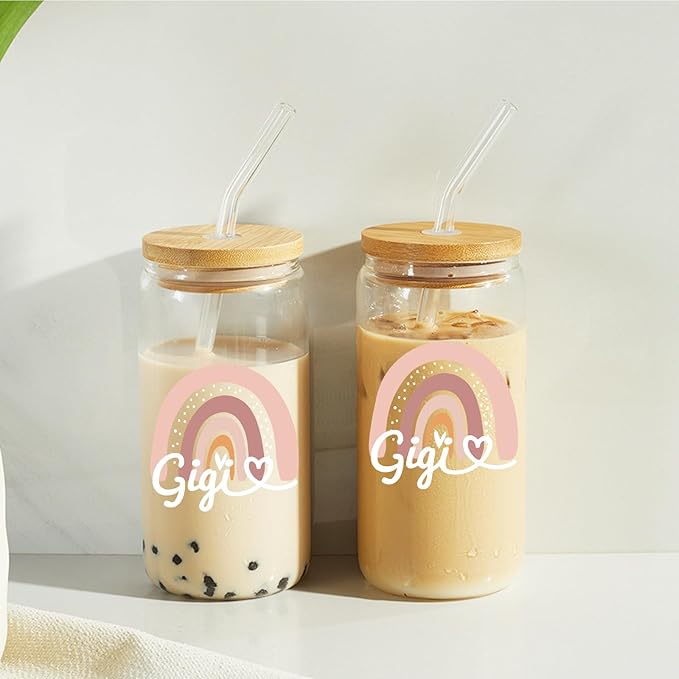 Gigi Glass Cups with Lids and Straws, Glasses Drinking Set, Mothers Day Birthday Christmas Gifts for Mom, 16 Oz
