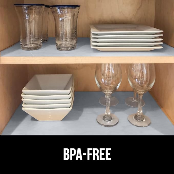 GORILLA GRIP DuraGuard Shelf Liner, Non-Adhesive Cabinet Liners for Kitchen Drawers, Shelves, Refrigerator, Pantry Storage, Bathroom Closet, Durable Waterproof BPA Free Ribbed Plastic, 12x20 Lt Gray