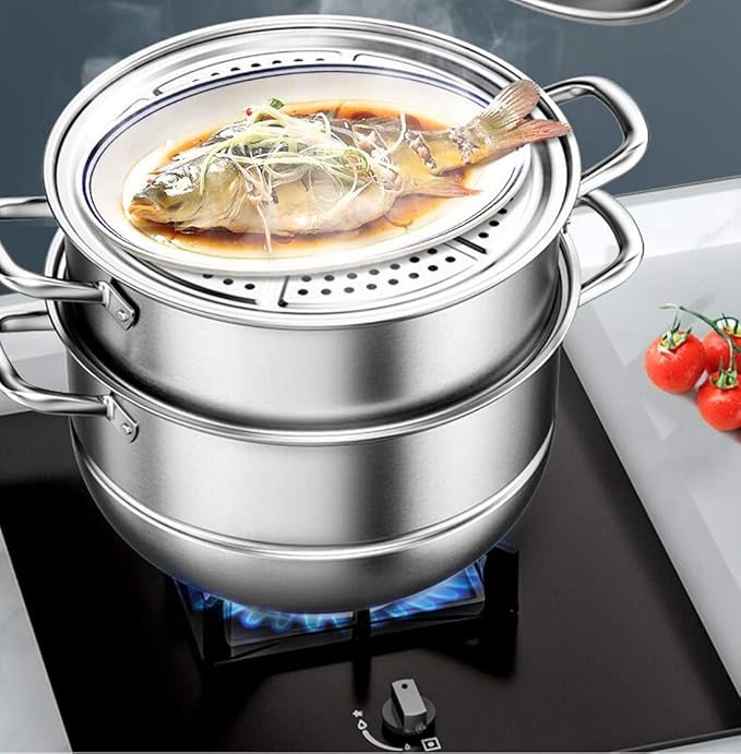 Stainless Steel Steamer Pot Thick-bottomed, 3 Tier Food Steamer for Cooking, Large Metal Steam Cooker, Work for Induction and Stove, Suitable for Tamale, Vegetable, Dumpling and Seafood