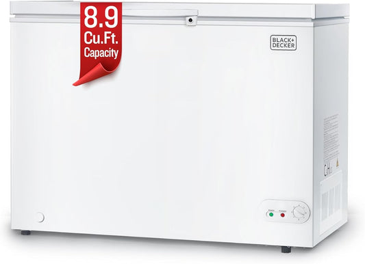 BLACK+DECKER 8.9 Cu. Ft. Chest Freezer, Deep Freezer with Top Opening, Freezer Chest with 2 Removable Storage Baskets, Mechanical Temperature Control, Manual Defrost, R600a Refrigerant, BCF890E,White