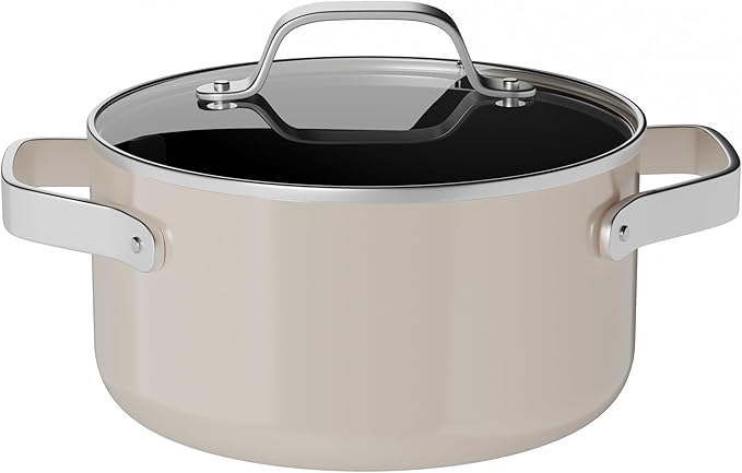 Bakken 5 Quart Ceramic Coated Stock Pot with Lid, Easy to Clean Nonstick Pot, Tempered Glass Lid, Riveted Stainless Steel Handles, Oven Safe Up To 500°F, PTFE & PFAS Free, All Stove Compatible, Cream