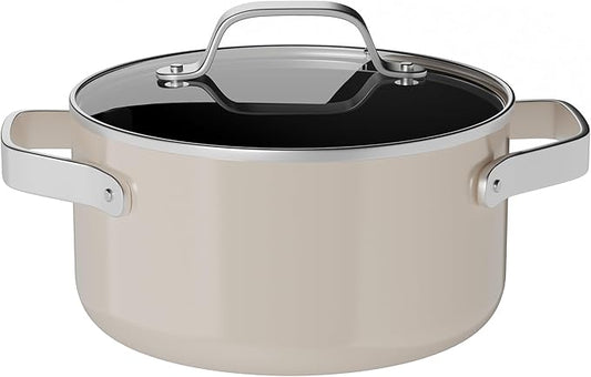 Bakken 5 Quart Ceramic Coated Stock Pot with Lid, Easy to Clean Nonstick Pot, Tempered Glass Lid, Riveted Stainless Steel Handles, Oven Safe Up To 500°F, PTFE & PFAS Free, All Stove Compatible, Cream