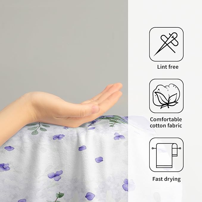 Imiss Purple Hydrangea Floral Hand Towels for Bathroom Set of 2, Watercolor Lavender Flowers Green Leaf Decor Face Bath Towels 14.4 x 28.3 Inch Seasonal Kitchen Dish Cloth for Hotel, Spa, Gym, Yoga