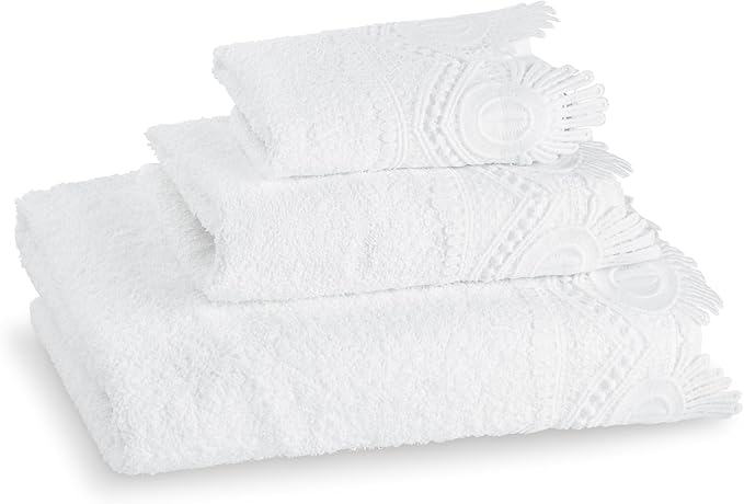 3 Piece Laced Bath Towels Set for Bathroom, Bath, Hand & Wash Cloths, Decorative Stylish Plush Cotton Washcloths - Showering, Face & Body Washing, Airbnb Essentials & Host Accessories, White