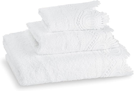 3 Piece Laced Bath Towels Set for Bathroom, Bath, Hand & Wash Cloths, Decorative Stylish Plush Cotton Washcloths - Showering, Face & Body Washing, Airbnb Essentials & Host Accessories, White