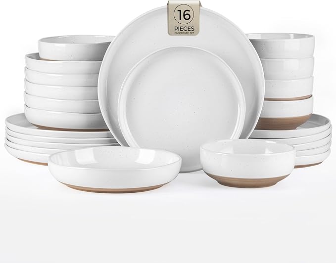 AmorArc Ceramic Dinnerware Sets with Pasta Bowls for 4, Handpainted Plates and Bowls Set with Rustic Terracotta Underside, Scratch Resistant Dishes Set, Dishwasher & Microwave Safe, 16 Pcs