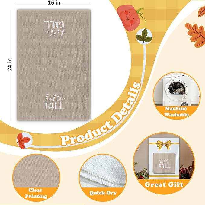 Hello Fall Kitchen Towels,16x23.5 Inch Microfiber Waffle Weave Halloween Kitchen Towels, Autumn Thanksgiving Decor, Seasonal Fall Decorations for Bathroom-C06