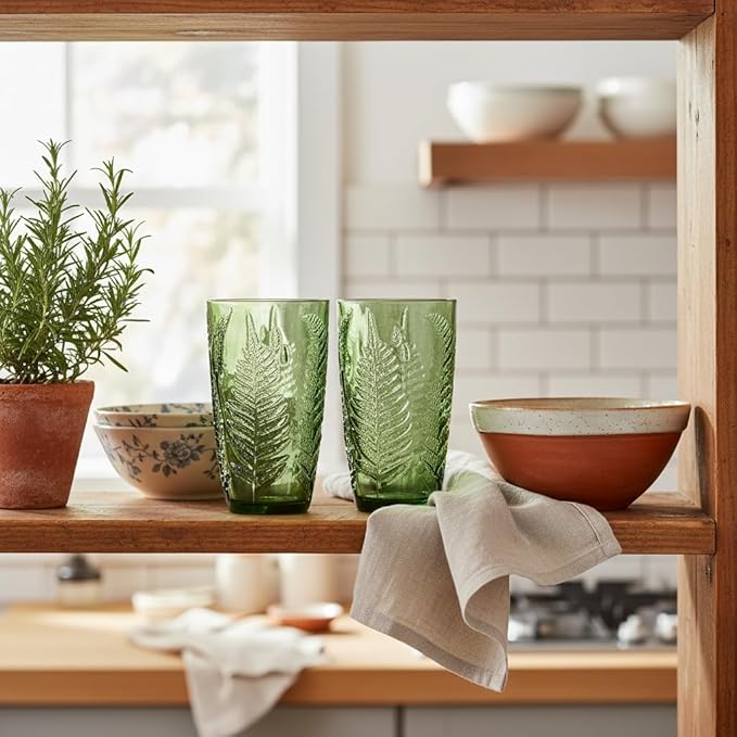 Vintage Green Drinking Glasses Set of 4, 16 oz Handcrafted Glass Tumblers, Heavy Textured Highball Cups, Fern Embossed Antique Colored Glassware, Retro Boho Aesthetic Drinkware, Housewarming Gift Set