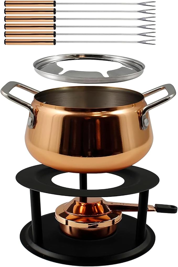 Swissmar Peak 10-Piece Copper-Plated Stainless Steel Fondue Set - Ideal for Oil & Broth Fondue - Perfect for Kitchen Collection & Wedding Gift Giving - 1.25 Liter / 1.32 Quarts