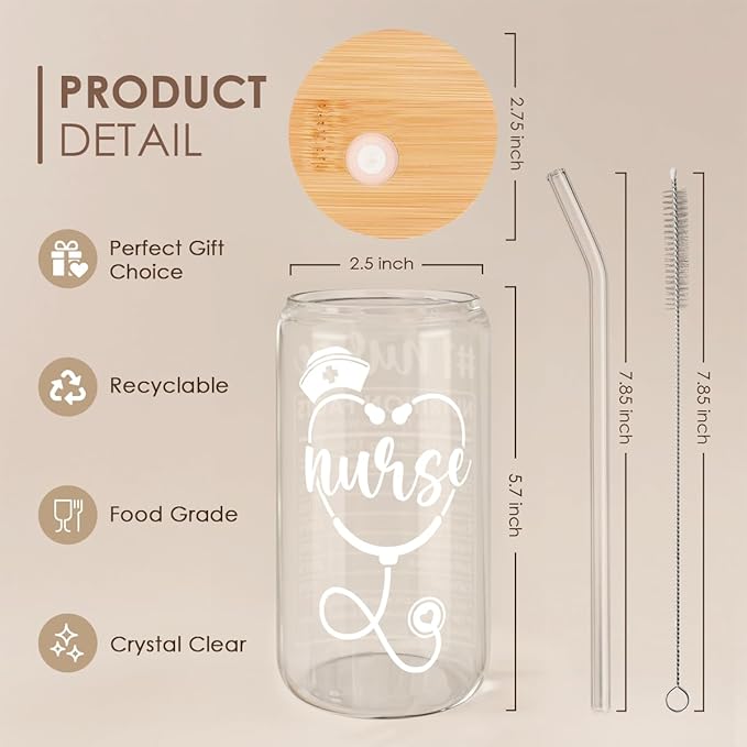 SANDJEST Nurse Glass Can, Nutrition Facts Cup with Lid & Straw, Iced Coffee Aesthetic Cups, Idea Gift for Christmas Birthday Nurse Week, Gifts for Women, 16oz