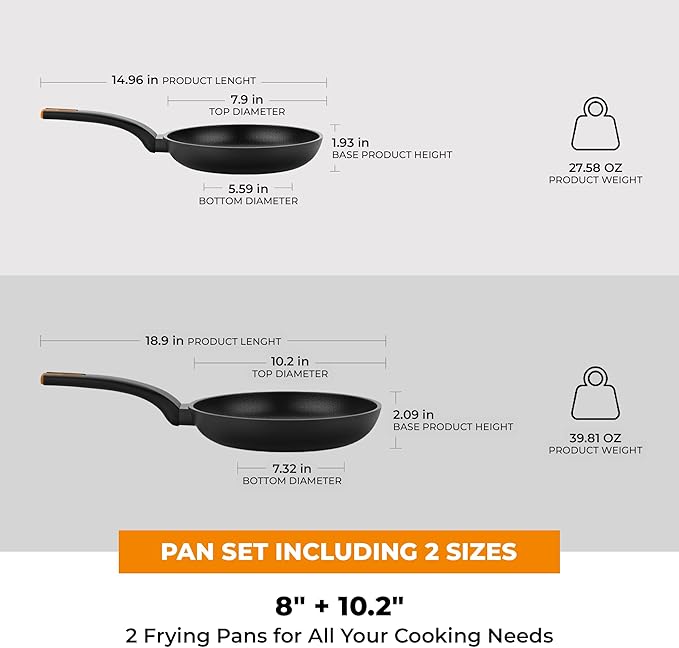 BRA COOKWARE Efficient Pro 2 Frying Pan Set | 8 + 10.2 inches Cast Aluminum Frypans | Profile Plus Non-Stick | All Heat Sources Compatible | PFOA Free | Heat-Resistant Handle | Non Deformable