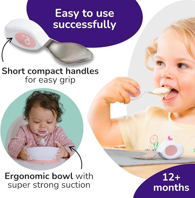 doddl Toddler Utensils, Ergonomic Fork and Spoon Set for Self Feeding, Stainless Steel Silverware for 1-3 Year Olds, BPA Free, Dishwasher Safe (Dusky Rose + Bowl)