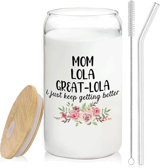 Christmas Grandma Gifts For Grandma Mom Lola Great Lola Glass Coffee Cup With Lid And Straws 14oz - christmas Glass Cup gifts For Grandmother