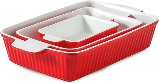 Hasense Casserole Dishes for Oven, Rectangular Baking Dishes Set of 3, Porcelain Lasagna Pans with Handles, Ceramic Baking Pans Set for Cooking, Christmas Party Birthday Gifts, Red(15"/12.2''/8.3'')