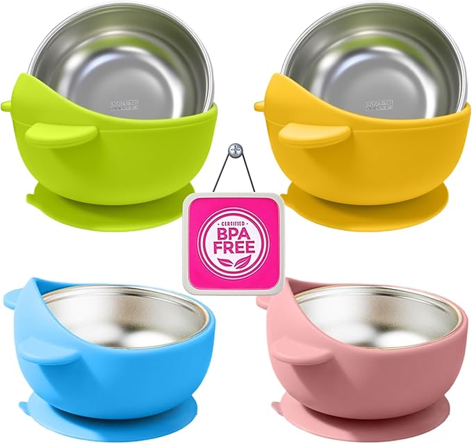 Stainless Steel Baby Bowls with Suction, 2-in-1 Toddler Feeding Set SUS304 Non-Toxic | Unbreakable & Anti-Scald | Super Strong Suction Base | Dishwasher Safe | Perfect Baby Gift - 4Pack Cu.Ft.