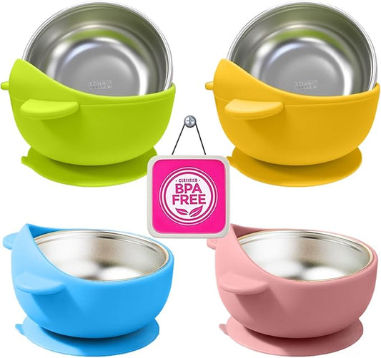 Stainless Steel Baby Bowls with Suction, 2-in-1 Toddler Feeding Set SUS304 Non-Toxic | Unbreakable & Anti-Scald | Super Strong Suction Base | Dishwasher Safe | Perfect Baby Gift - 4Pack Cu.Ft.