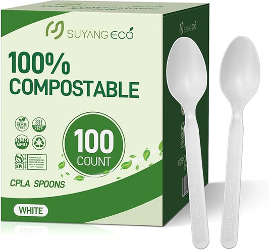 Compostable Spoons 100 Count Heavy Duty 100% No Plastic Spoons Bulk Cornstarch Biodegradable Spoon Eco Friendly Compostable Utensils for Party Campin