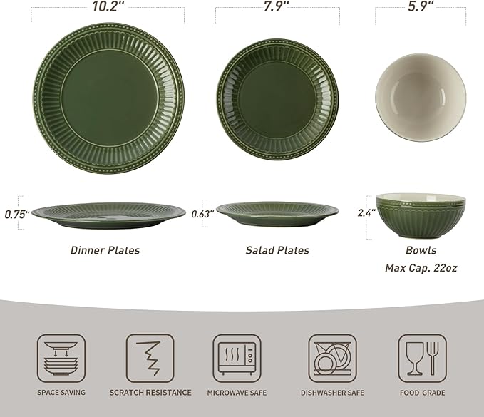 Famiware Garden Plates and Bowls Sets, 18-Piece Dishes Set for 6, Scratch Resistant Kitchen Dishes Dinnerware Set - Microwave and Dishwasher Safe, Reactive Glaze and Embossed Stoneware, Dark Green