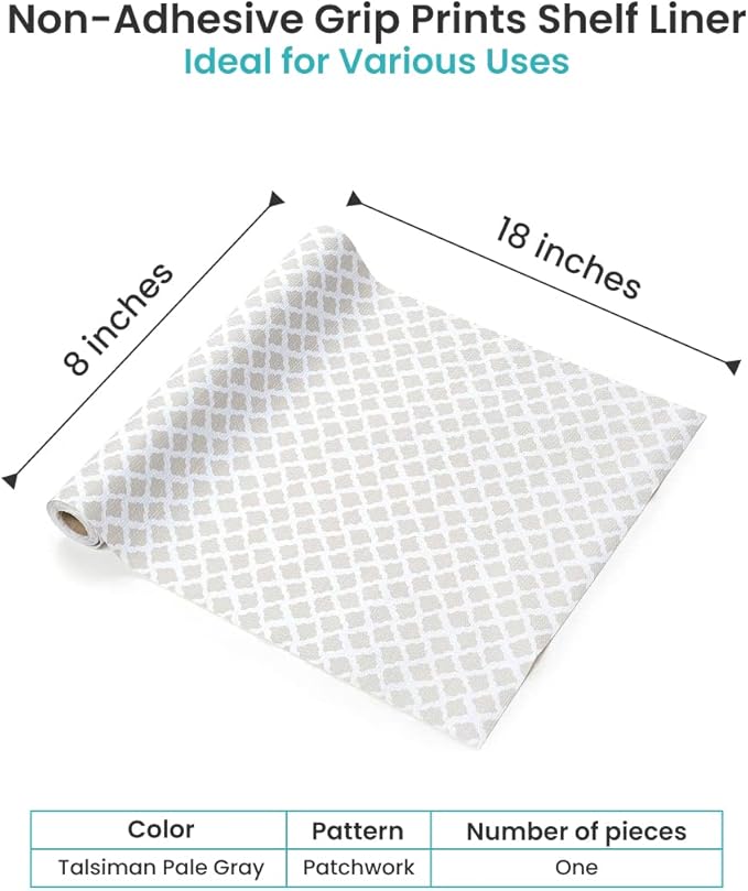 Con-Tact Brand Grip Prints Shelf Liner, Non-Adhesive Durable Liners, Slip-Resistant Drawer and Cabinet Covering, 18" x 8', Talisman Pale Gray, Pack of 1 Roll