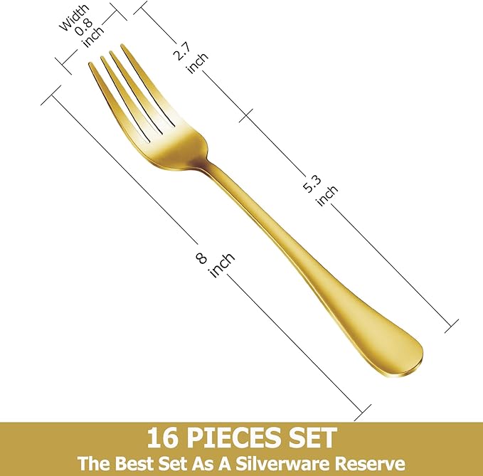 16 Piece Gold Dinner Forks Set, Food-Grade Stainless Steel Silverware Forks, Cutlery Fork, Metal Fork for Home, Kitchen or Restaurant, Mirror Polished, Dishwasher Safe - 8 Inch