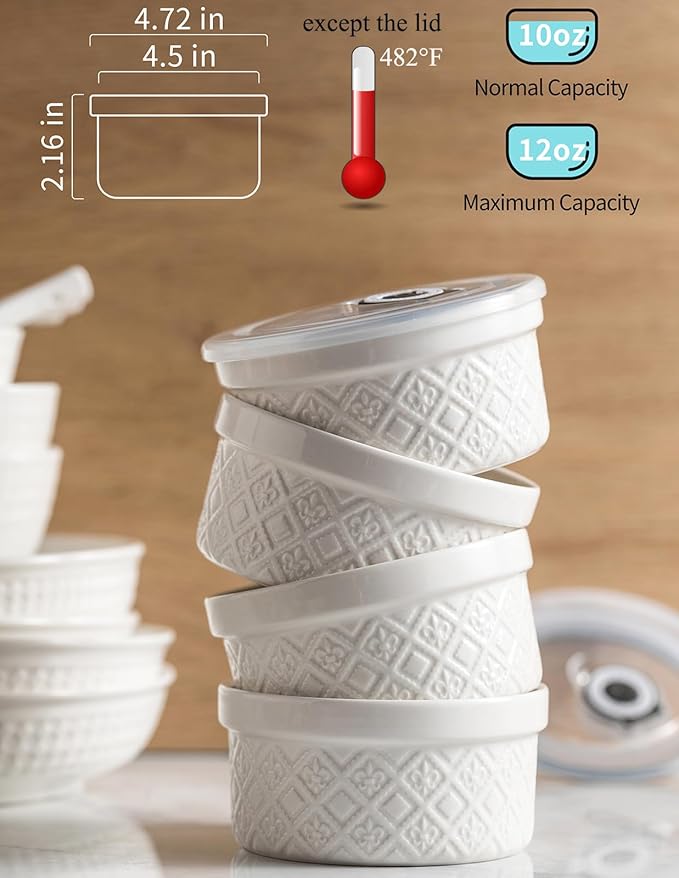 12 oz Ramekin Oven Safe, Creme Brulee Ramekins with Lids, Small White Ceramic Ramekin, Mini Baking Bowls with Cover Set of 4, Ramekins Assorted Sizes