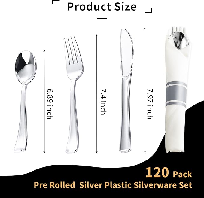 N9R 120 Pack Pre Rolled Silver Plastic Silverware Set, Wrapped Silverware Set Disposable with 120 Forks, 120 Knives, 120 Spoons, 120 Napkins, Disposable Cutlery Set for Party and Wedding