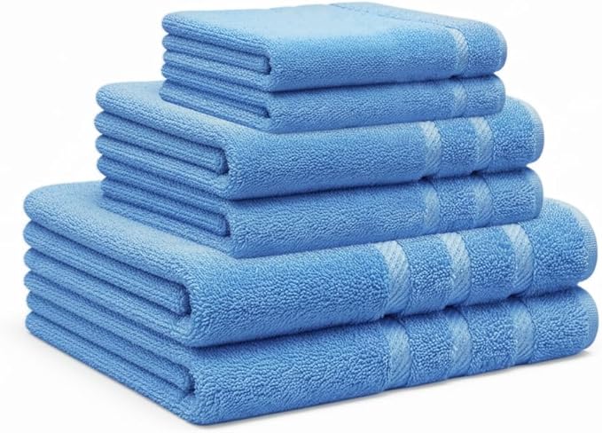 Sky Blue Towel Set, Pack of 6 – 100% Ringspun Cotton, Soft, Quick-Dry & Highly Absorbent | 2 Bath Towels, 2 Hand Towels & 2 Face Towels for Bathroom & Guest Use
