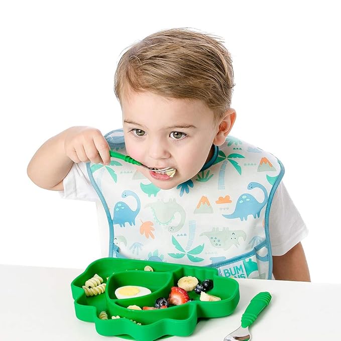 Bumkins Toddler Utensils, Kids Size Fork and Spoon Set, Silicone and Stainless-Steel Training Silverware, Fork / Spork for Self-Feeding, Children Hold Learning to Eat, 18 Months Up, Jade Green