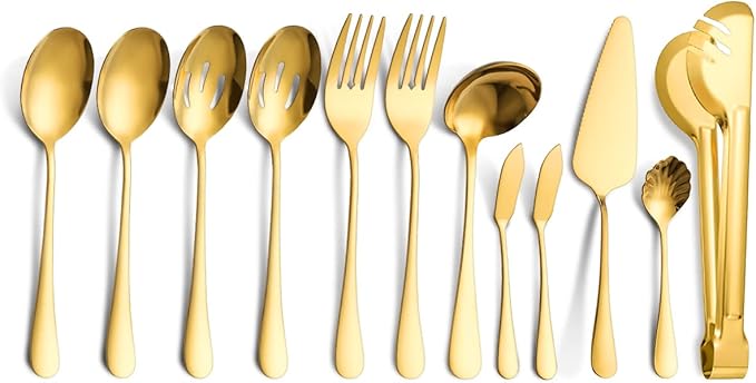 Serving Utensils Fine Include Large Serving Spoons Slotted Serving Spoons Serving Forks Serving Tongs Soup Ladle and Pie Server Buffet Catering Serving Utensils for Dishwasher Safe (Gold, 12)