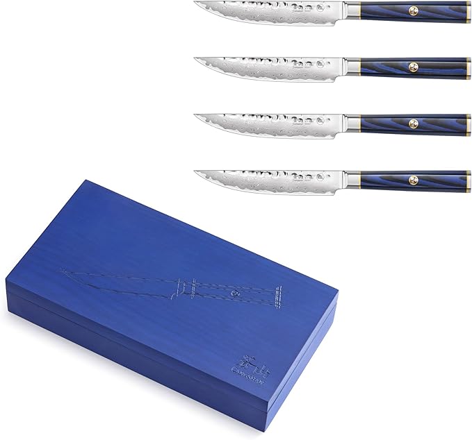 Cangshan KITA Series 4-Piece Fine Edge Steak Knife Set With Ash Wood Box, High Carbon X-7 Damascus Steel, 501509 (4pc)
