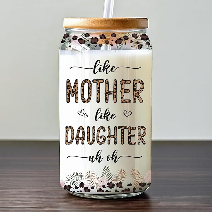 Like Mother Like Daughter Iced Coffee Cups With Lids, Mothers Day Birthday Gifts For Best Mom Ever, Glass Coffee Cups, Mom Daughter Gift, Mother in Law Gifts for Women
