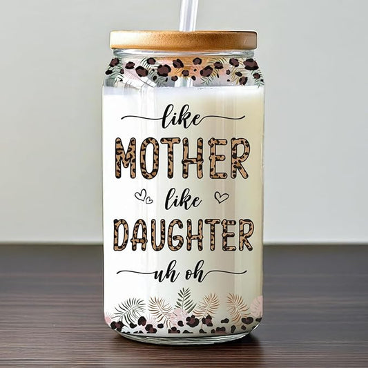 Like Mother Like Daughter Iced Coffee Cups With Lids, Mothers Day Birthday Gifts For Best Mom Ever, Glass Coffee Cups, Mom Daughter Gift, Mother in Law Gifts for Women