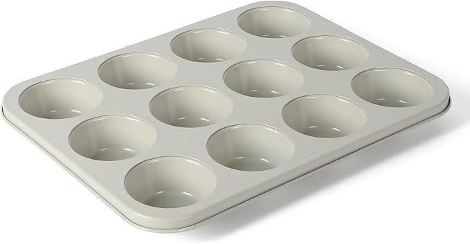 Martha Stewart Gallen 12-Cup Nonstick Carbon Steel Muffin and Cupcake Pan – Cool Grey, Durable Bakeware for Even Baking and Easy Release