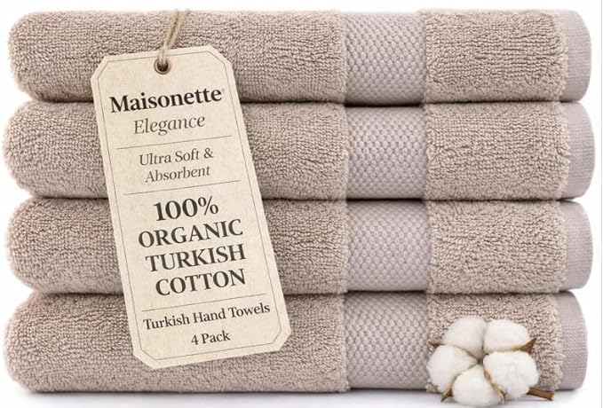 Maisonette Elegance 100% Organic Cotton Turkish Hand Towels - Soft, Absorbent Washcloths for Face - Ideal Quick Dry Large Towel Wash Cloth Set for Bathroom - (20" x 30", 4 Pack) - Light Brown (Dune)