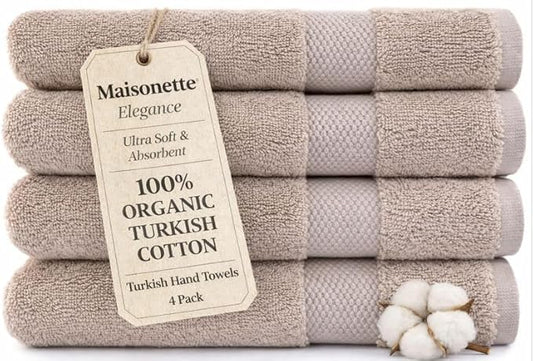 Maisonette Elegance 100% Organic Cotton Turkish Hand Towels - Soft, Absorbent Washcloths for Face - Ideal Quick Dry Large Towel Wash Cloth Set for Bathroom - (20" x 30", 4 Pack) - Light Brown (Dune)