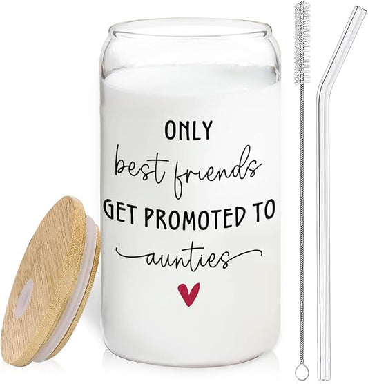 Only The Best Friends Get Promoted To Auntie Glass Cup,Pregnancy Announcement For Best Friend Coffee Can Glass With Lid And Straws 14oz,To Be Auntie Gift,Best New Aunt Gifts