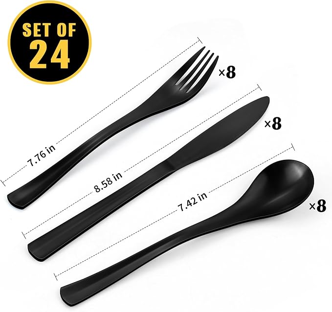 Bysta 24 Piece Black Silverware Set, Knife Fork Spoon Set, Stainless Steel Flatware Cutlery Set, Kitchen Utensil Set Service for 8, Tableware Set for Home and Restaurant, Dishwasher Safe, Satin Finish