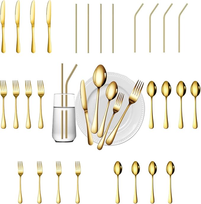 28 Pieces Gold Silverware Service for 4 Flatware Set Stainless Steel Utensils Cutlery Set Dishwasher Safe Flatware (Gold, 28)