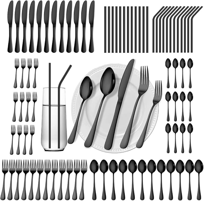 84 Pieces Black Silverware Set Service for 12 Flatware Set with Straws Stainless Steel Utensils Cutlery Set Dishwasher Safe