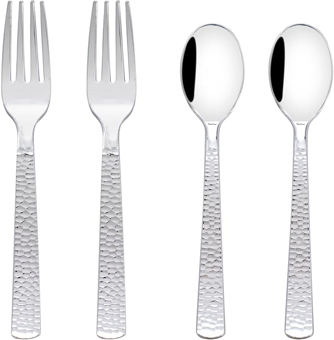 KIRE 400PCS Silver Plastic Forks and Spoons Disposable-Heavy Duty Plastic Silverware Set Silver Spoons and Forks-200 Forks and Spoon for Parties/Birthday/Wedding for Christmas