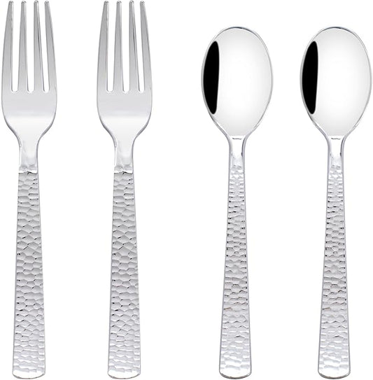 KIRE 400PCS Silver Plastic Forks and Spoons Disposable-Heavy Duty Plastic Silverware Set Silver Spoons and Forks-200 Forks and Spoon for Parties/Birthday/Wedding for Christmas