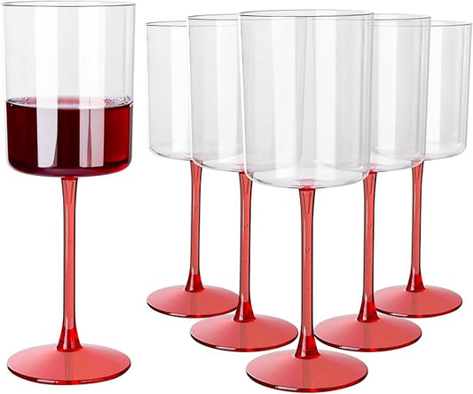 Ciaell 12 Pack 10 Oz Clear Plastic Wine Glasses with Red Stem - Disposable Cocktail Goblets Perfect for Parties & Weddings & Poolside & Outdoors & Camping & Party & Christmas