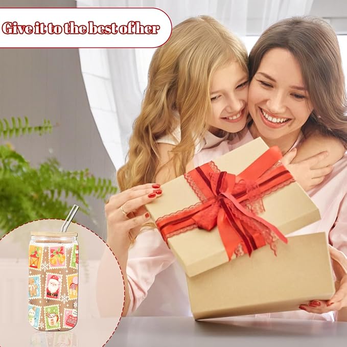 Christmas Gift Stamp Iced Coffee Cup, Aesthetic Glass Tumbler, 16 oz Santa Coffee Glass Cup with Lid Straw, Christmas Stocking Stuffers, Gifts for Women Teen Girls