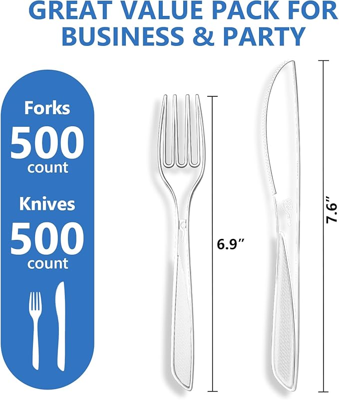 SACATR 1000 Count Plastic Silverware Heavy Duty -500 Forks, 500 Knives，BPA-Free,Heat Resistant Disposable Plastic Spoons Bulk, Solid Durable Premium Cutlery for Parties, Events and Everyday Use