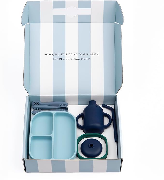 Bella Tunno Little Bites Bundle – Baby Feeding Set and Baby Led Weaning Supplies with 1 Baby Bowl, 1 Baby Plate, 3 Baby Utensils, 1 Cup, 2 Lids, 100% Food-Grade Silicone (Shooting Star)