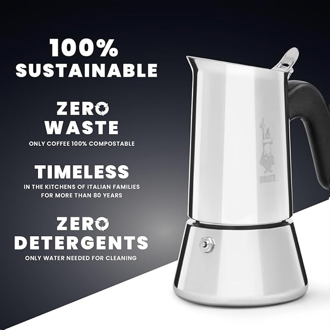 Bialetti - New Venus, stainless steel espresso coffee machine, suitable for all types of stoves, 2 cups (85 ml), aluminium, silver (Not induction safe)