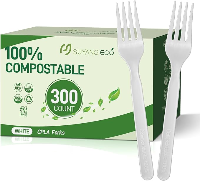 300 Count Compostable Forks Bulk（6.7 in.）No Plastic Forks Heavy Duty Biodegradable Fork Eco Friendly Durable for Lounge Party Wedding Picnic Camping