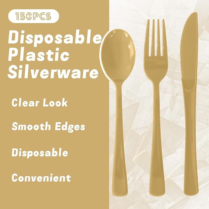 150 Pack Disposable Plastic Silverware, Heavy Duty Gold Plastic Cutlery Set Includes 50 Forks 50 Knives 50 Spoons for Birthday Wedding Party Picnics (150, Gold)