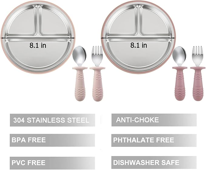PandaEar 2 Pack Stainless Steel Baby Suction Plates & 2 Pack Spoons and Forks Set, Toddler Utensils Baby Feeding Set, Divided Plates for Baby Led Weaning Supplies, BPA-Free (Pink)